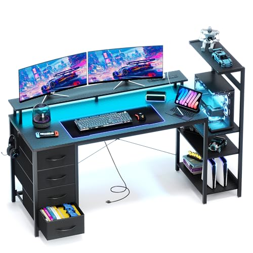 Image of 59 Inch Gaming Desk with LED Lights and Power Outlets, Computer Desk with Storage Shelves, Fabric Drawers, Monitor Stand & Side Hook, Reversible Gamer Table for Home Office, Carbon Fiber Black