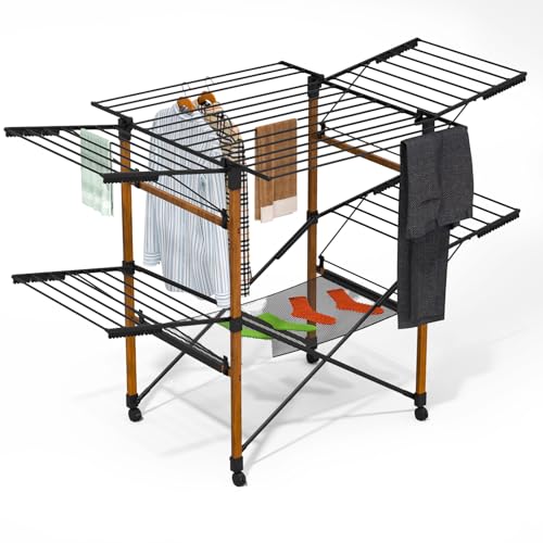 VOUNOT® Tendedero Ropa Plegable 173x94x123cm Tendedor Tenderete Extensible con Alas Laterales y Malla de Secado Secadora Ropa Superficie de Tendido 30m Móvil con Ruedas para Interior y Exterior Negro