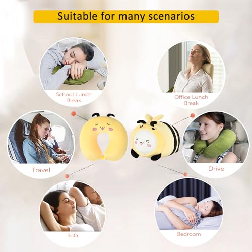 Image of Kids Travel Pillow - 2-in-1 Deformable Kids Neck Pillow for Traveling, Soft U-Shaped Pillow with Adorable Animal Design, Comfy Sleep and Play, Ideal for Airplane Traveling - Yellow Bee
