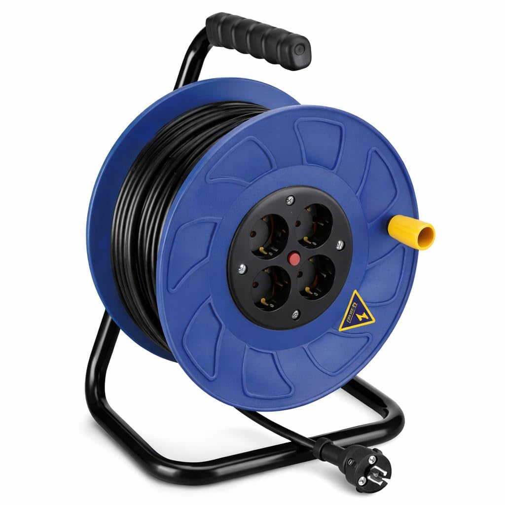 Prolunga in Gomma con Avvolgicavo 25 Metri, Utilizzabile per Camper, Campeggio, Ufficio e Altro, Spina, Colore Blu/Nero [Classe di efficienza energetica A+]