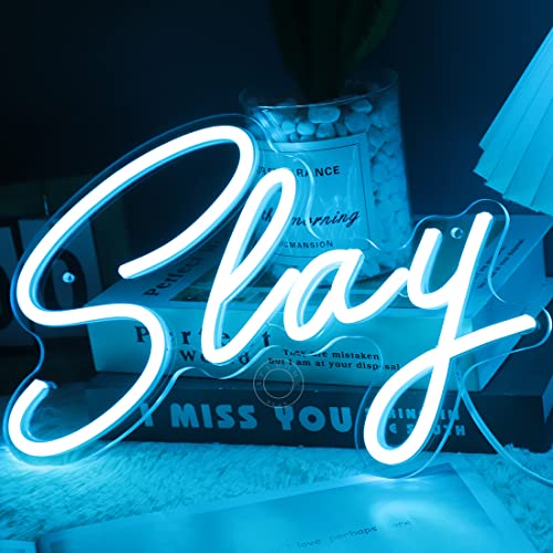 Image of SYLHOME Slay Blue LED Neon Light Sign Cool Boys Girls Preppy Bedroom Game Play Room Desk Wall Decor Sign Club Pub Bar Man Cave Game Center Birthday Decoration USB Night Light 11.8 inch X 8 inch