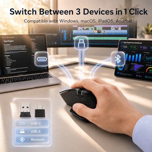 Image of PHILIPS Ergonomic Wireless Mouse, Multi-Device Bluetooth (USB-A /C) for Laptop & Mac /PC, Silent Productivity Mouse with Side Scroll, 5-Level DPI Rechargeable Computer Mouse, Right-Handed Comfort