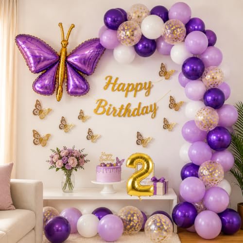 Image of 62Pcs Purple Butterfly Birthday Decorations for Girls - Pastel & Dark Purple, White, Gold Balloon Garland Arch Kit with 3D Butterfly Wall Stickers, Happy Birthday Banner, Pump (2nd Birthday)