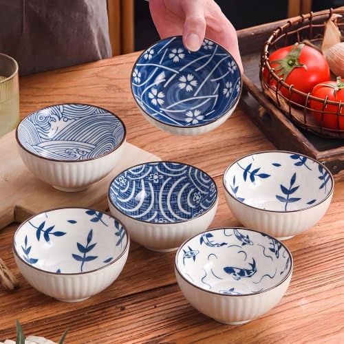 Image of Premium Ceramic Bowl Japanese Style Porcelain Rice, Soup & Dessert Bowls - Assorted Floral & Wave Patterns - Microwave & Dishwasher Safe - Gift Box Packaging (Blue & White Printed, PACK OF 6)
