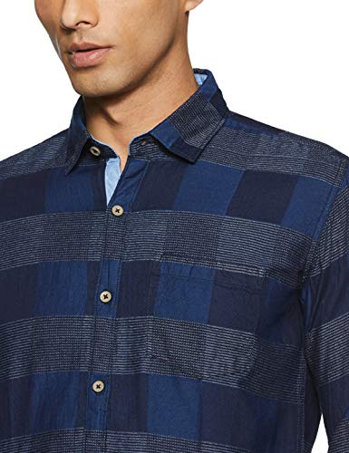 Image of CAHOOT Men's Navy Blue Checkered Button Up Shirt Regular Fit for Casual Wear | Structured Shirt Crafted with Regular Full Sleeve and Comfort Fit for Everyday Wear