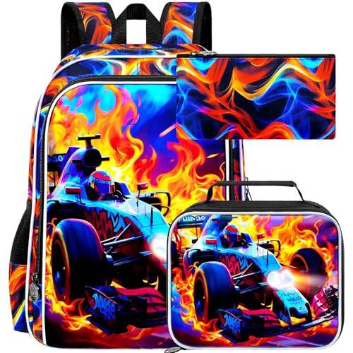 Image of 3Pcs Cars Backpack for Boy, 17 inch Bookbag for Elementary Preschool Kindergarten, Kids Fire School Backpacks with Lunch Box (Red)