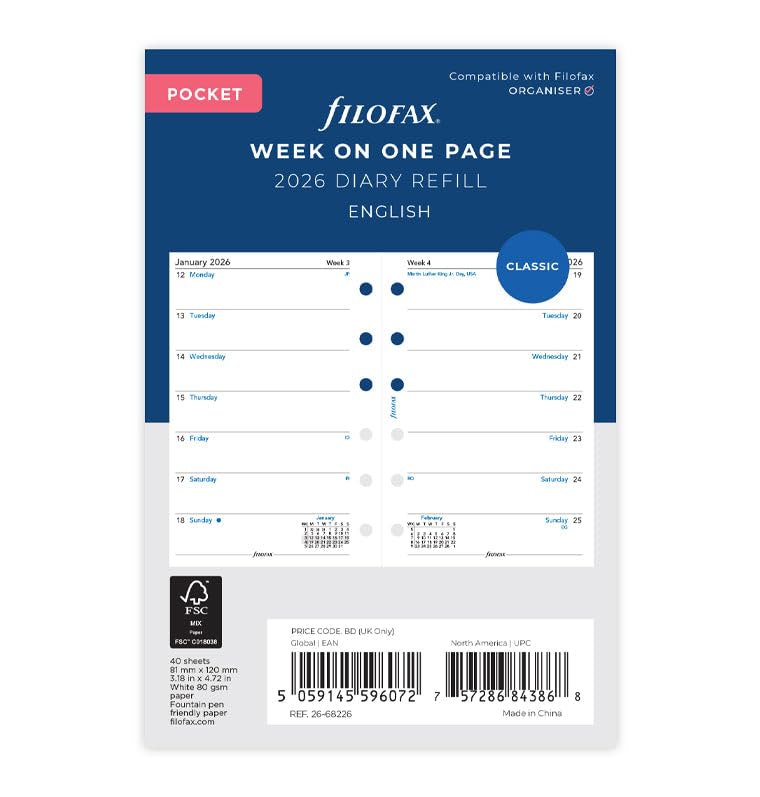 Filofax Taschenkalender 2026, 1 Woche auf einer Seite, Nachfüllpackung, Englisch, 8,9 cm x 12 cm