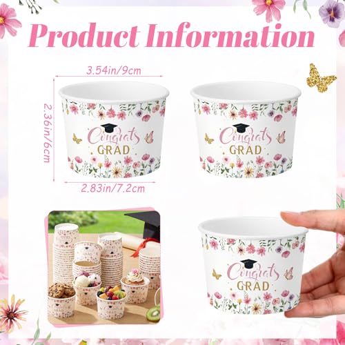 Image of Funnymoom 50 Pack Pink Wildflower Graduation Ice Cream Cups 9 oz Class of 2026 Congrats Grad Disposable Dessert Snack Cups Floral Graduation Paper Soup Bowls for College High School Party Supplies