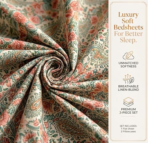 Image of HOMEKART Floral Printed King Size Cotton Bedsheet with 2 Pillow Covers | Luxury Double Bed Bedding Set 86x88 Inches | Ultra Soft, Breathable & Wrinkle Resistant & Home Decor (Boho Blossom Cream)