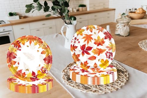 Image of 50 Pcs Fall Paper Plates Party Supplies Maple Leaf Themed 7 inch Plates