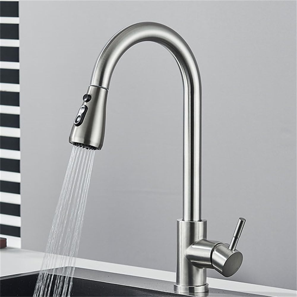 FCXWEVR Brushed Nickel Pull-Out Kitchen Faucet 360° Swivel Spout Hot & Cold Mixer Tap for Sink Single Hole Deck Mounted Modern Design for Easy Cleaning & Use