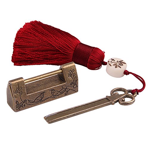 GTHER Decorative Vintage Lock and Key, Antique Chinese Padlock with Magpie Flower Design for Small Wooden Box, Furniture Cabinets, Chest