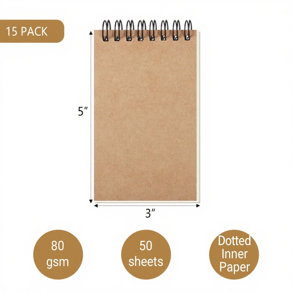 ZMCYN 15 Pcs 3x5 Inch Small Spiral Dotted Notebook, Kraft Cover Pocket Notebook A7 Bulk, Mini Spiral Dotted Notepad for Note Taking, School, Office(100 Pages/50 Sheets) - Image 2