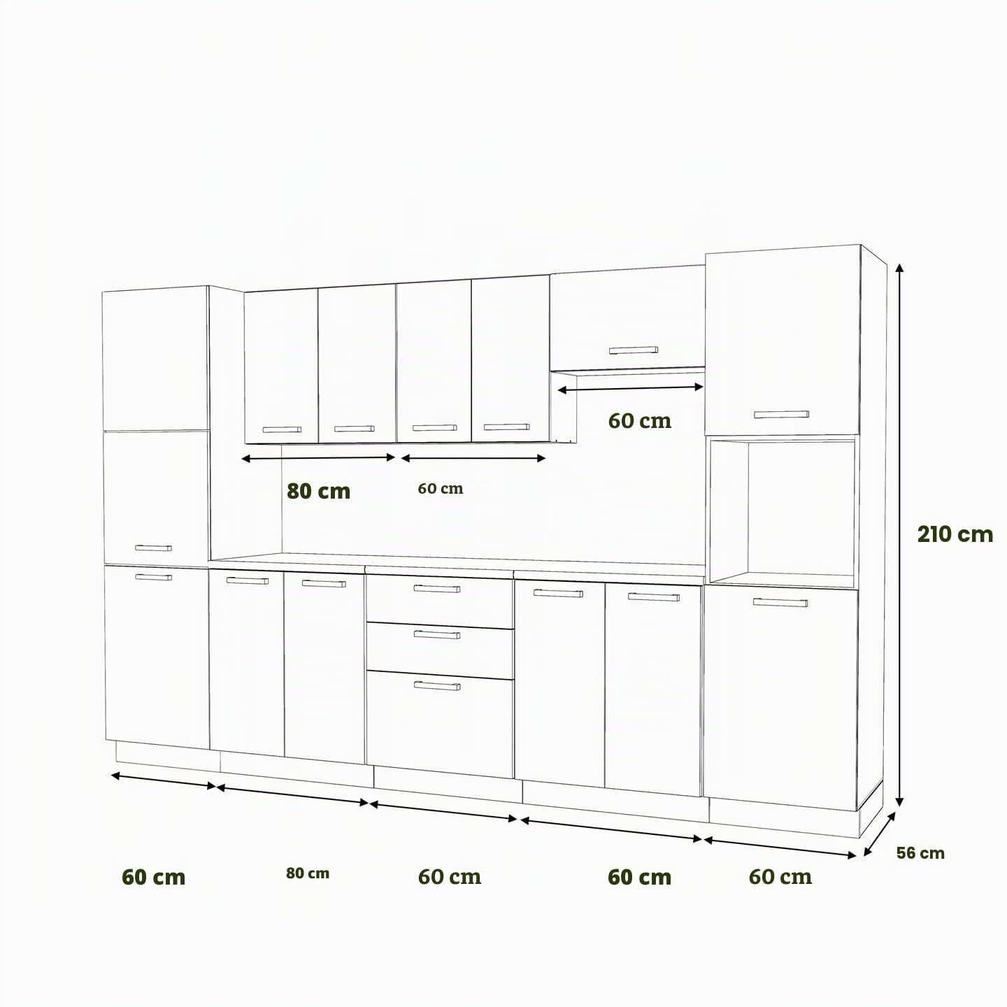 Küchenmöbelset 320cm,Einbau mit Ober- und Unterschränken, Hauswirtschafts- und Backofenbau, Modularküche zum Selbstmontagen ohne Haushaltsgeräte,Stil Modern Eiche Wotan