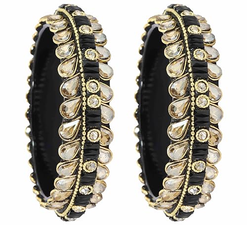 Image of NMII Glass Golden Zircon Stone & Kundan Beads Kada Set For Women & Girls | Fancy Design Kada Bangles | Traditional Look Kangan | Glass Bangles For Women Wedding, Party, Function, Daily use