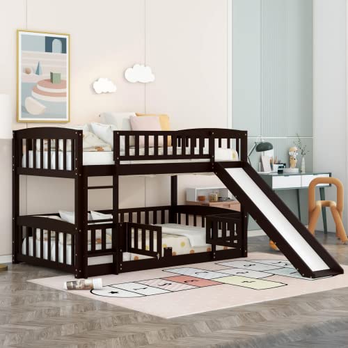 Wekuku White Grey Twin Over Twin Bunk Bed with Slide, Fence Ladder – Fun Sturdy Low Bunk Bed for Toddlers, Kids, Teens – Space Saving Design
