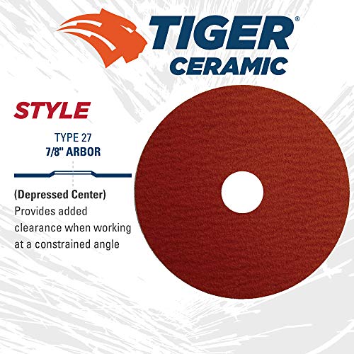 Image of Weiler 69853 Tiger Ceramic Alumina Resin Fiber Sanding & Grinding Disc, 4-1 /2 inch Diameter, 60 Grit, 7 /8 inch Arbor Hole (Pack of 25)
