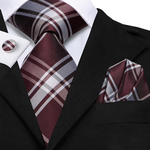 Image of Hi-Tie Silk Ties for Men Plaid Paisley Striped Necktie Pocket Square Cufflinks Set Formal Business