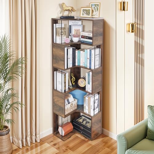 ABOUT SPACE 5ft Book Shelf -L Shape Corner Shelf for Living Room with Curved Edges & Steel Bar | Book Rack for Study Room Bedroom Home Library Wooden Display Cabinet (Walnut-L 46.5 x B 46.5 x H 160cm)
