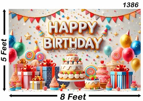 Image of Backdropon Balloon with Cake Themed Happy Birthday Design Backdrop for Birthday Decoration Traditional /Background Curtain Cloth for Party /Festival Size 5 Feet Height and 8 Feet Width(5 * 8)