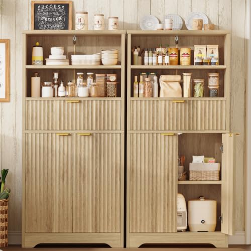 Image of TEENFON Tall Storage Cabinet with Adjustable Shelf & Drawer, Fluted Cabinet with Doors, Kitchen Pantry Cabinets, Bathroom Storage Cabinets, for Living Room, Entryway, Home Office, Natural