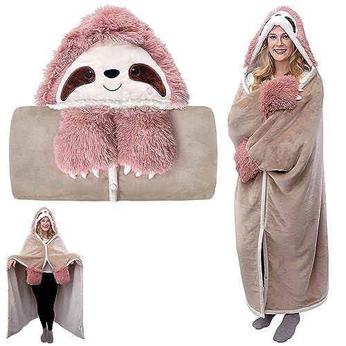 MeYuxg Faultier Kuscheldecke Rosa, Kuscheldecke Flauschig 166 x 118cm, Decke mit Ärmeln und Kapuze, Faultier Geschenke für Frauen, Faultier Tragbare Decke, Kuscheldecke Tier für Sofa, Büro
