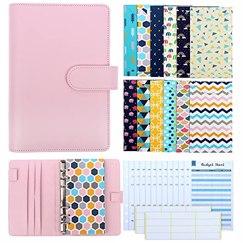 Xgood 28 Pieces PU Leather Budget Planner Organizer Binder Cash Envelope System for Budgeting Envelopes 12 Patterns Budget Money Envelopes, 12 Expense Budget Sheets with 24 Labels for Bill Planner