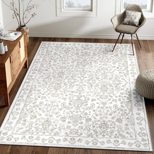 Floral Area Rug 4x6 Washable Entryway Taupe Carpet Non Slip Boho Thin Farmhouse Throw Accent Rug for Living Room Bedroom Office Kitchen Bathroom