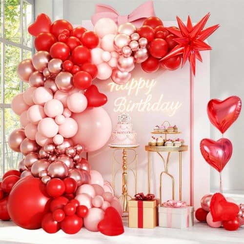 KARLURE Pink Red Rose Gold Balloon Arch Kit Garland with Red Heart Balloons