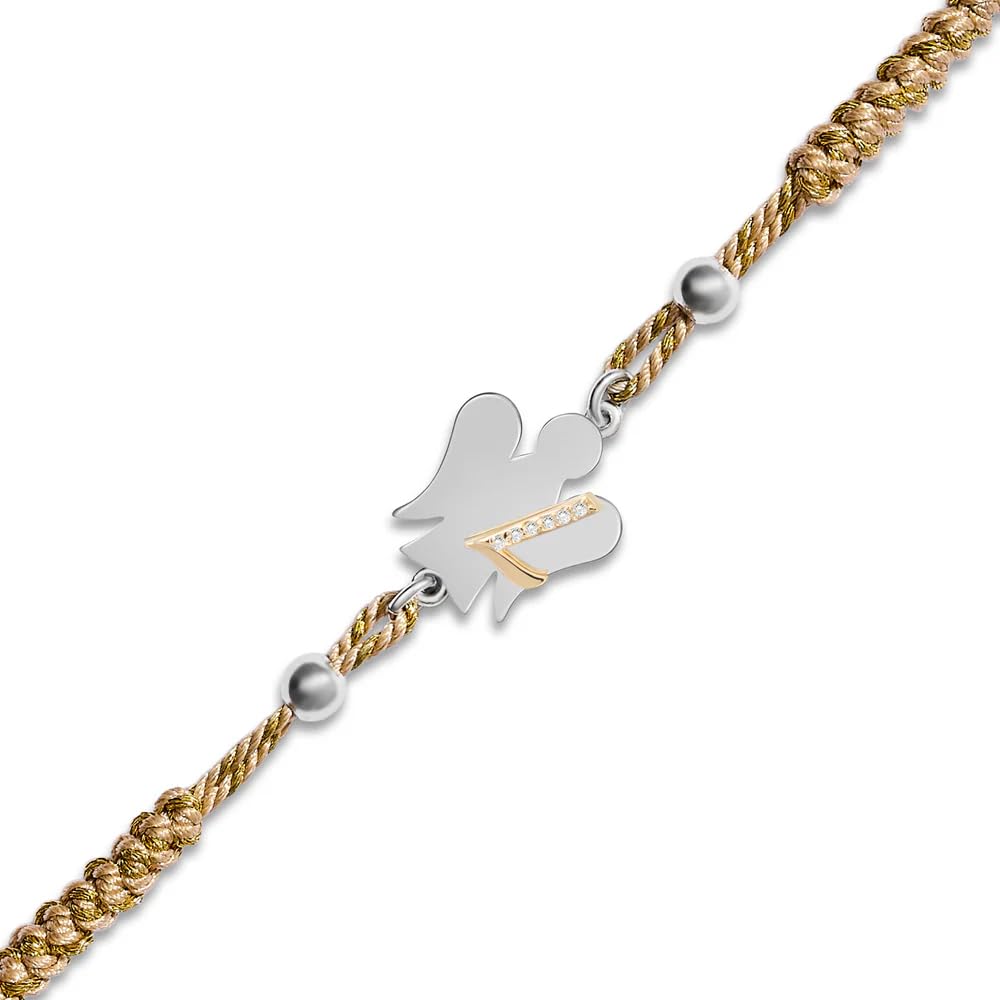 Bracciale con cordino regolabile beige e oro | Angelo e lettera in argento | L'alfabeto degli Angeli | Roberto Giannotti (L)
