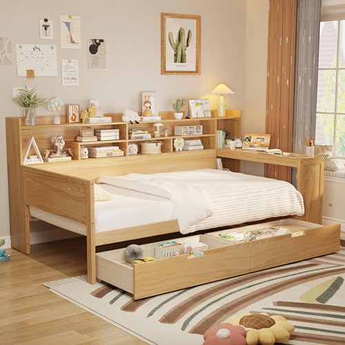 Ball & Cast Twin Size Daybed with Two Storage Drawers,Multi-Functional Bed Frame with Storage Shelves and Desk, Wooden Day Bed with Slats Support,No Box Spring Needed,Natural