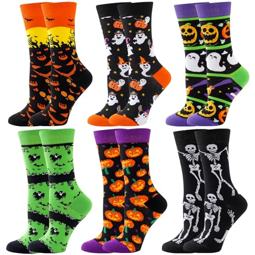 BISOUSOX 6 Paare Halloween Socken Damen Baumwolle Lustige Socken Kürbis Bunte Socken Damen Herren Strümpfe Geschenk für Frauen 36-40