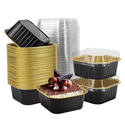 50 Pcs Mini Square Baking Cups with Lids,10oz Aluminum Foil Mini Cake Pans with Lids,Disposable Ramekins Cake Pans,300ml Dessert Cups Cupcake Pans for Wedding Birthday Party,Blackgold