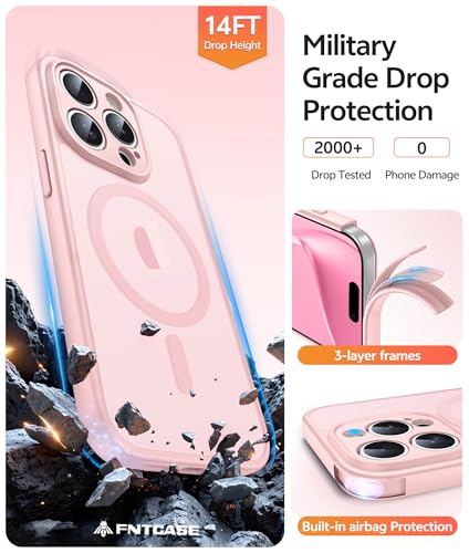 Image of FNTCASE for iPhone 15 Pro Max Case: [Compatible with Magsafe] Translucent Matte Cases with [Full Camera Protection] [Screen Protector] Military Grade Shockproof Protective Phone Cover - Light Pink
