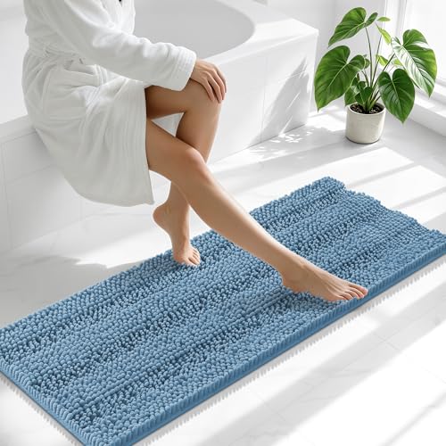 Image of Smiry Thick Chenille Bathroom Runner Rugs 47x17, Extra Absorbent Striped Bath Mat, Machine Washable, Rubber Backing, Long Bath Rugs for Tub & Shower, Modern Home Decor Accessories, Airy Blue