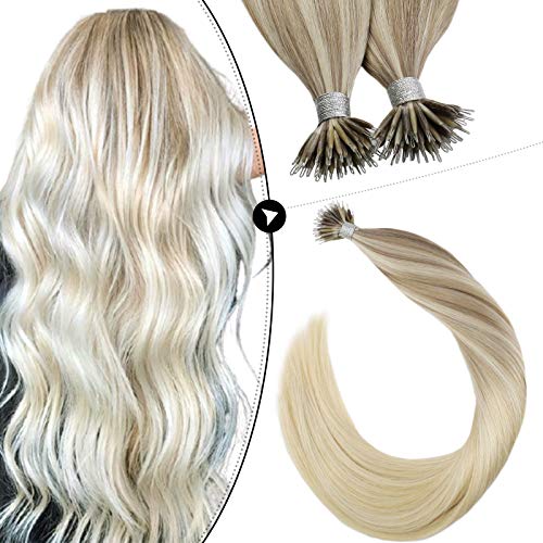 Ugeat Nano Bead Hair Extensions Human Hair 18 Inch Balayage Colored #18 Blonde Ombre to #22 Blonde Mix #60 Blonde Nano Tip Remy Hair Extensions 50 Strands 40g Real Human Hair Extensions Pre Bonded