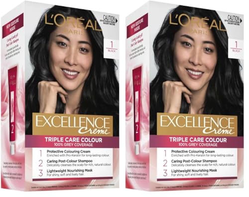L'Oreal Paris Permanent Hair Dye, Strengthening & With Up To 100% Grey Coverage, Excellence, Bla (Pack of 2)