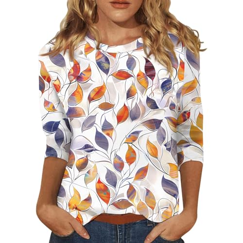 HTHLVMD Womens 3/4 Length Sleeve Tops 2025 Fall Fashion Floral Print Crewneck Causal Trendy Tunic Tops for Women