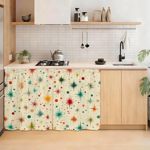 Image of Self Adhesive Retro Starburst Cabinet Curtain for Mother's Day, 39x28 Inch Mid-Century Modern Under Sink Skirt No Drill, Spring Cleaning Kitchen Decor, Hook and Loop Valance
