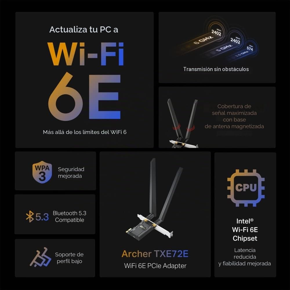 TP-Link Archer TXE72E AX5400Mbps Tri-Band WiFi 6E Bluetooth 5.3 PCIe Adaptador con Dos Antenas, Adaptador WiFi de latencia Ultra Baja para PC, Ideal para AR/VR, transmisión 8K, Compatible con Windows