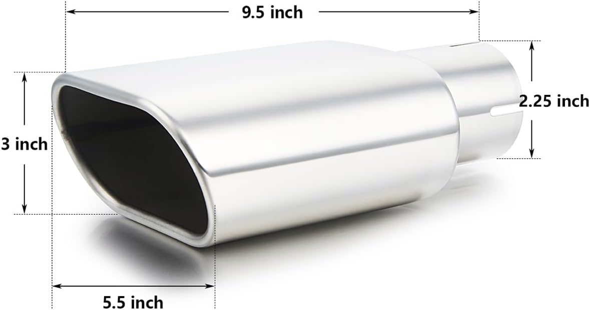 A-KARCK Square Exhaust Tip 2.25" Inlet, Rectangle Exhaust Tailpipe Tip Polished 3" x 5.5" Outlet 9.5" Long Clamp on Design