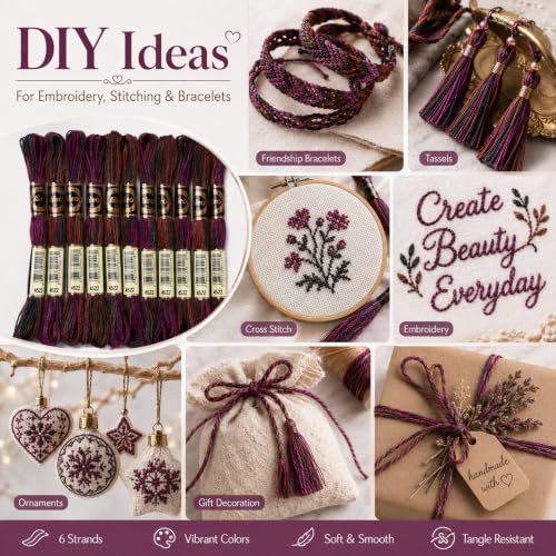 Image of FASHEWELRY 10 Skeins Embroidery Floss Thread 0.5mm Dyed Cross Stitch Floss 6-Ply Friendship Bracelet String for Jewelry Making Bracelets Sewing Knitting Stitching Craft DIY (Deep Magenta)