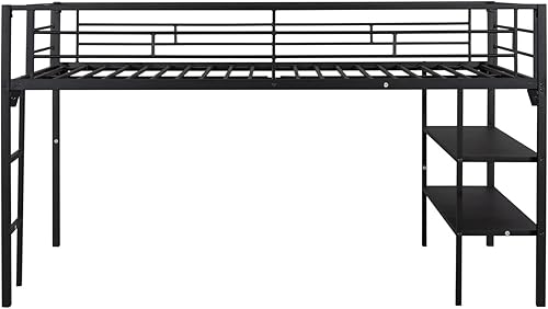 Miniatura 5 de Cama tipo loft de tamaño individual con estantes de almacenamiento marco de cama tipo loft de metal bajo con escalera y barandilla de longitud