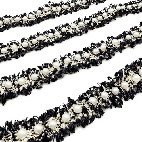 BETITETO Pearl Beaded Braid Lace Trim Ribbon Trimming Edge Embellishments 3 Yards for Sewing Wedding Dress Coat Costume Party Decoration Fabric Crafts DIY (Black)