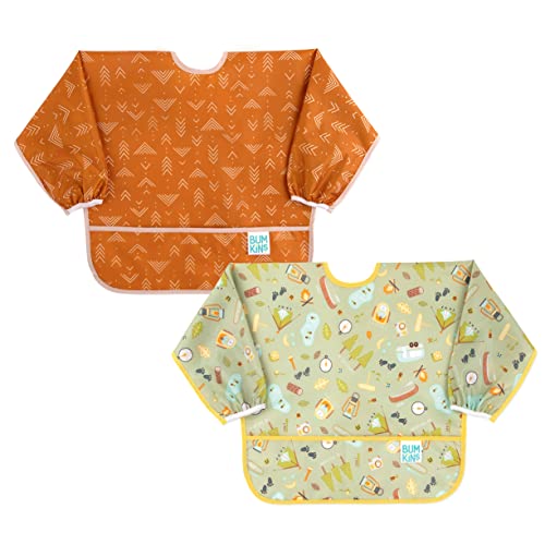 Image of Bumkins - Sleeved Bib - For Boys & Girls, Babies & Toddlers 6-24 Months - Lightweight, Durable, Waterproof - Long Sleeve Bib - Catch-All Pocket - Wipeable & Machine Washable - Camp & Grounded - 2 Pack