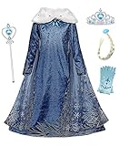 EIGENSCHAFTEN: Langärmeliges Kleid aus dünnem, leichtem und weichem Samt, Kleid mit weißem, flauschigem Plüschkragen und roten glänzenden Besätzen und hellem Organza-Cape, weich, glänzend und seidig anfühlen.