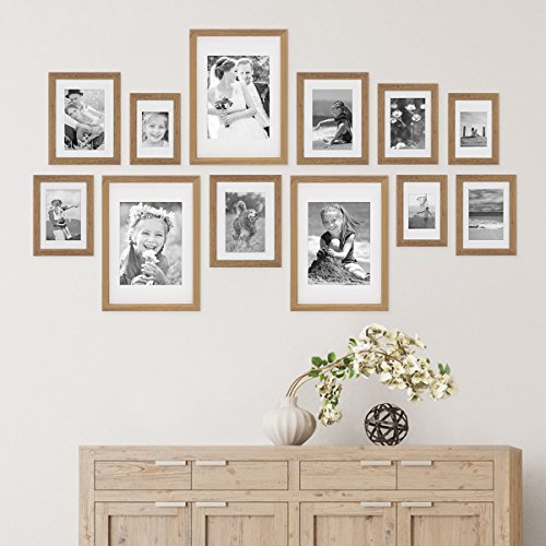 PHOTOLINI 12er Bilderrahmen-Set Modern Tief Eiche Massivholz mit Passepartout | 10x15, 13x18, 15x20 und 21x30 cm… – Bild 3