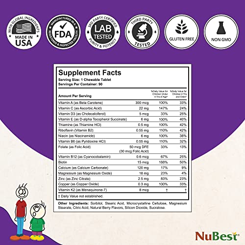 Nubest Tall Kids - Helps Kids Grow & Develop Healthily - Immunity & Bone Strength Support - Multivitamins & Minerals For Kids Ages 2 To 9-90 Chewable Berry Tablets | 18 Months Supply #TOP4