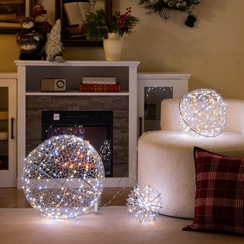 GOPLUS 3er Set LED Leuchtkugel, Dekokugel mit 8 Leuchtmodi & 3 Lichtfarben, beleuchtete Drahtkugel, Weihnachtsdekoration, Lichtkugel zum Hinhängen & Hinstellen, LED Kugelleuchte für innen & außen