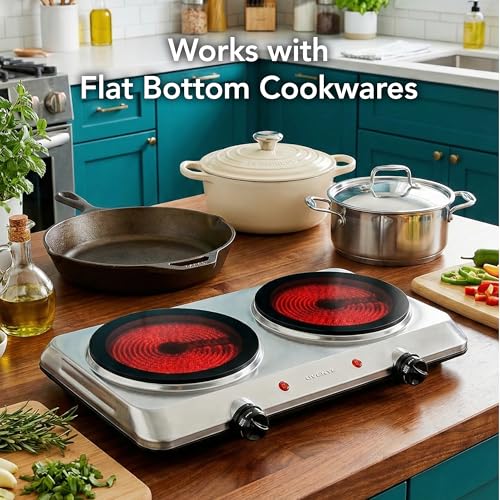 Image of OVENTE Countertop Infrared Double Burner, 1500W Electric Hot Plate and Portable Stove with 7.5 inch Ceramic Glass Cooktop, 6 Level Temperature Setting and Easy to Clean Base, Silver BGI202S